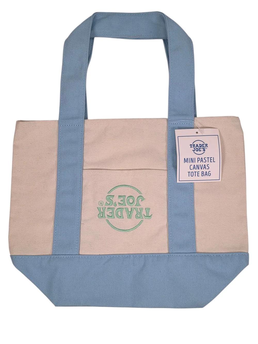 RARE ERROR Trader Joe’s Mini Tote Bag – Upside Down Logo Misprint – NWT Blue